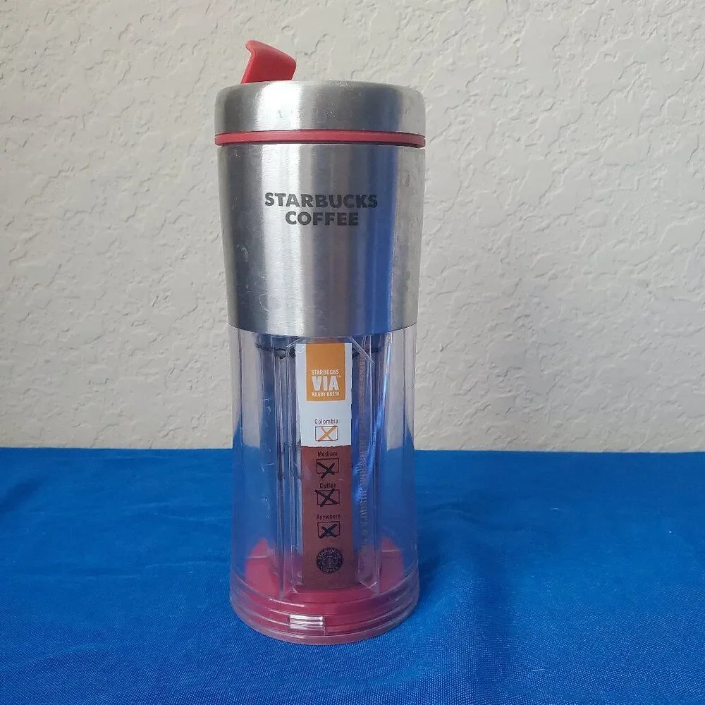 VTG 2009 Starbucks VIA Ready Brew Tumbler 10oz Stainless Steel Coffee Mug Clear